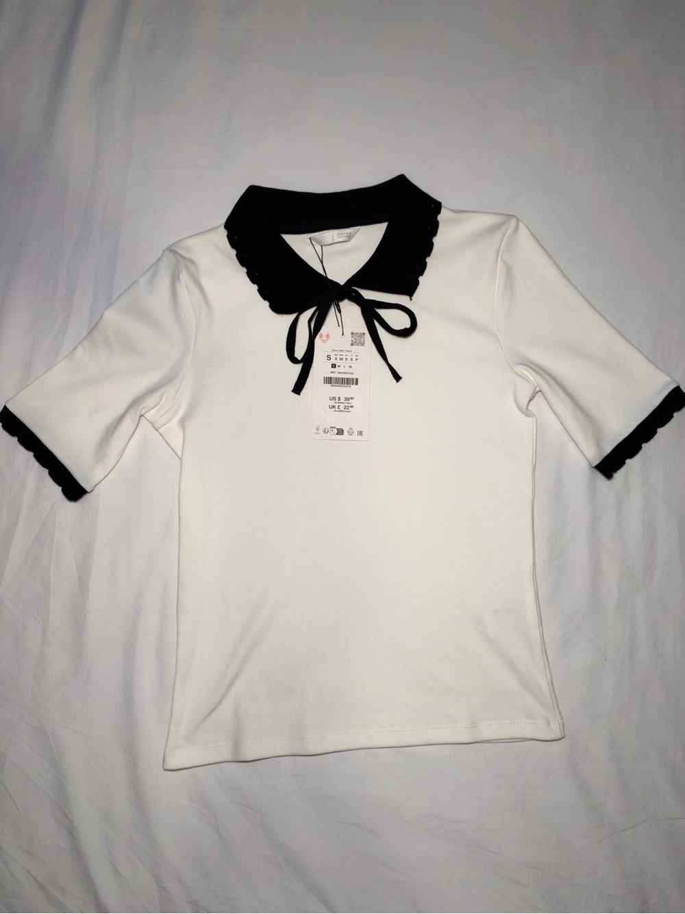 Zara Girls White Top with Black Scalloped Collar and Bow